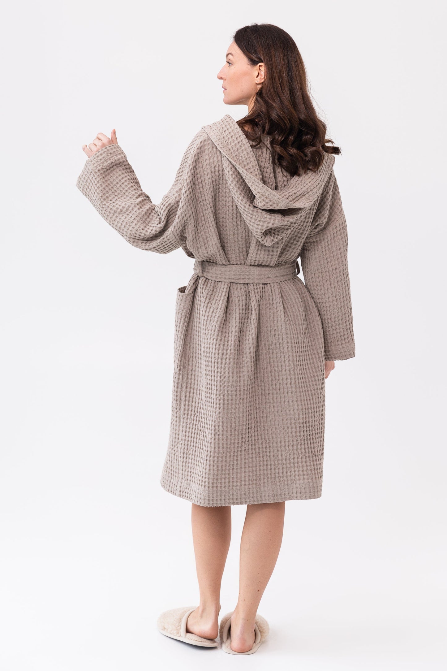 Linen Waffle Robe With Hoodie