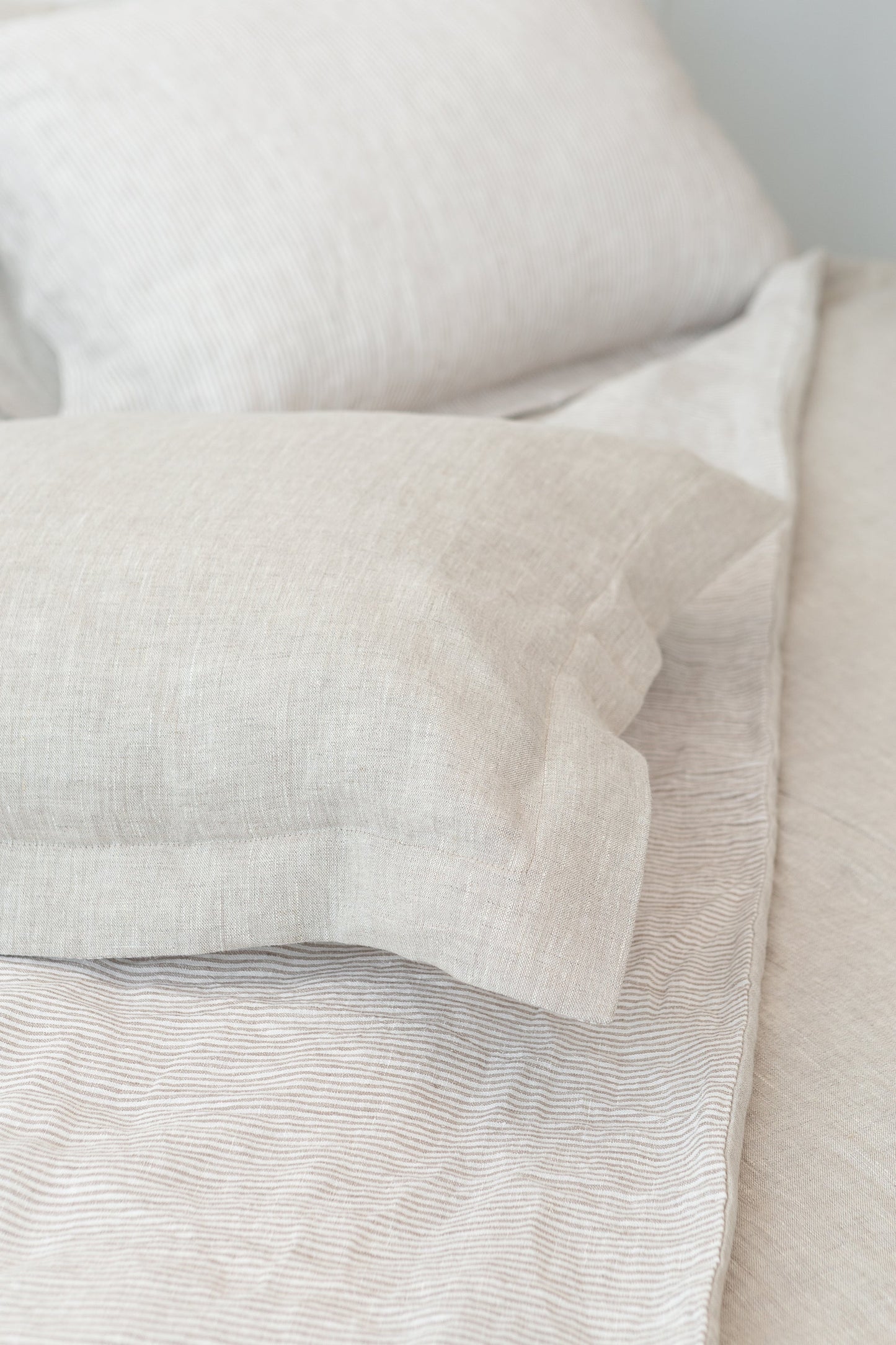 Natural Light and Striped Beige Double Sided Linen Bedding Set
