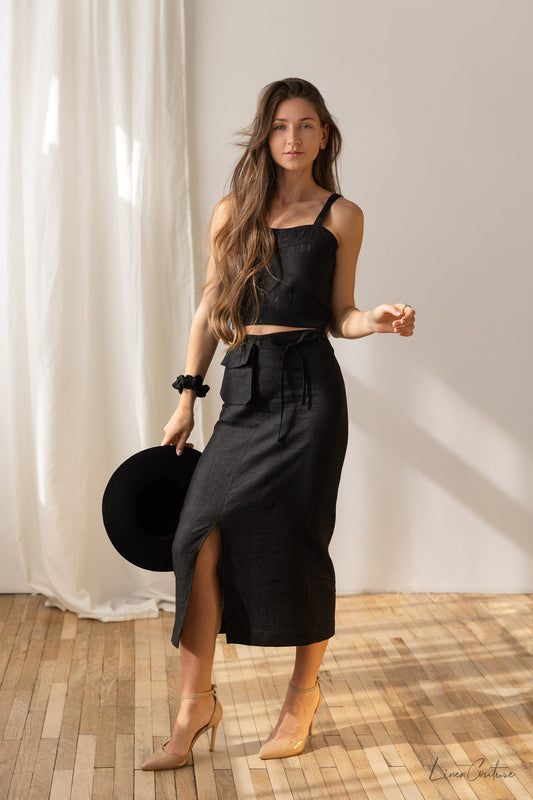 Bella Vita Sweetheart Top, Skirt and Set in Black Linen