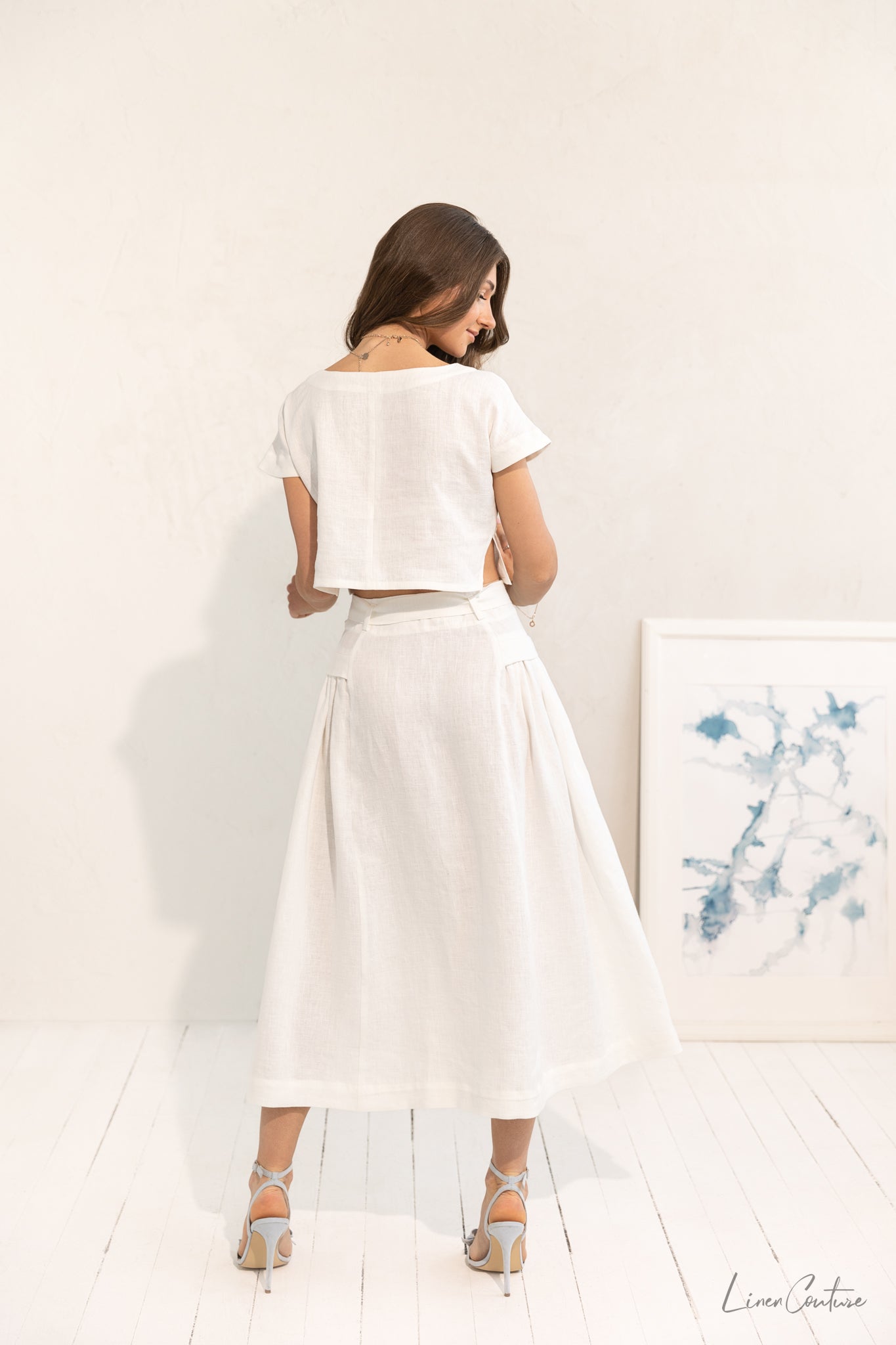Taormina White Linen Crop Top and Midi Skirt Set