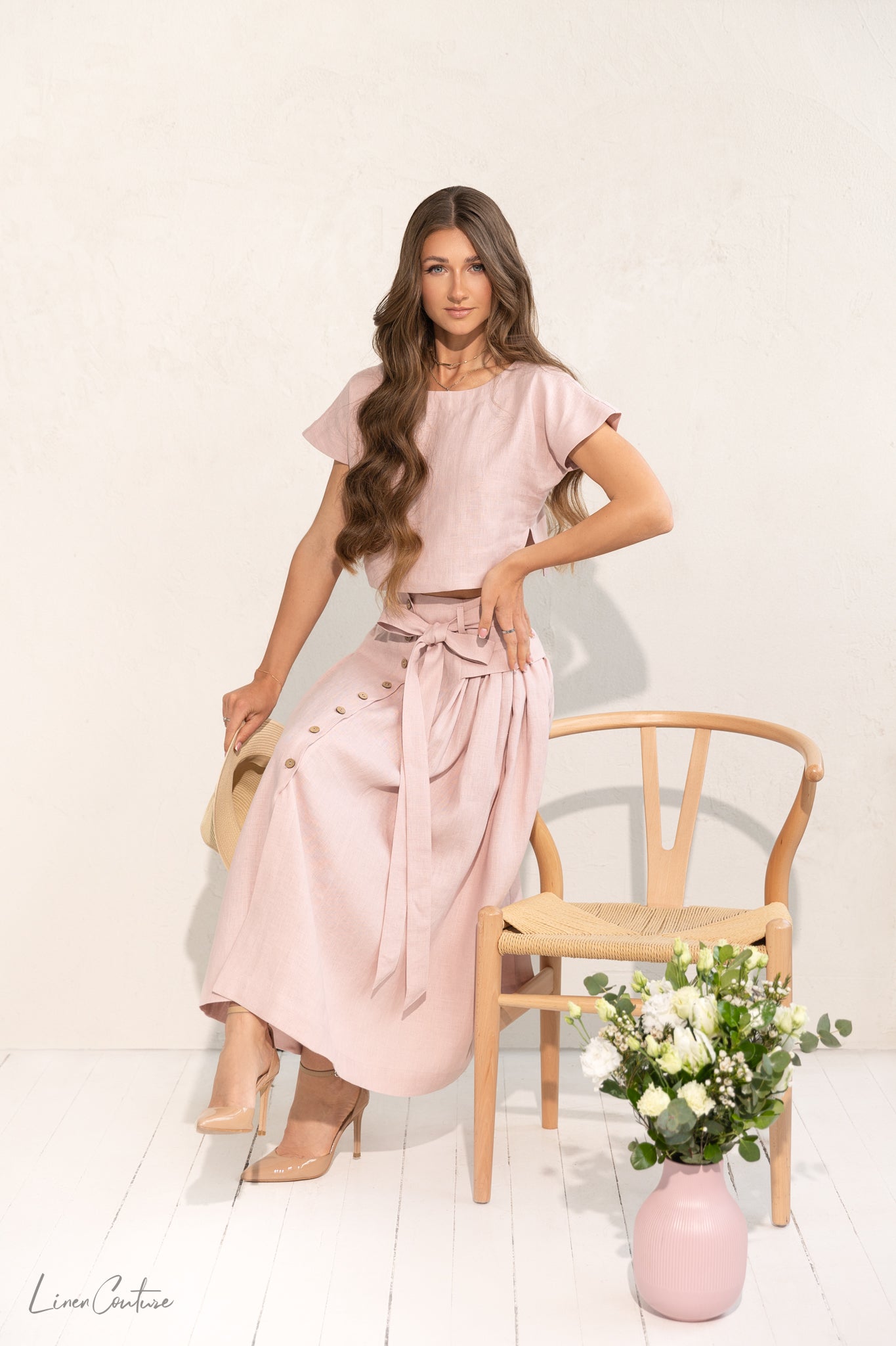 Taormina Pale Pink Linen Crop Top and Midi Skirt Set