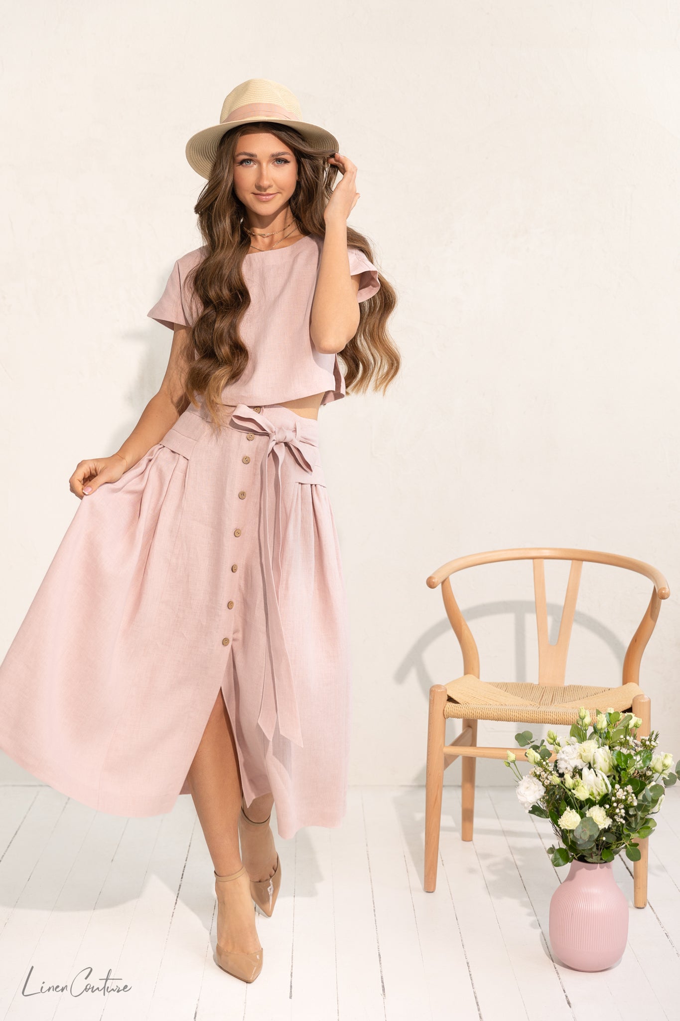 Taormina Pale Pink Linen Crop Top and Midi Skirt Set