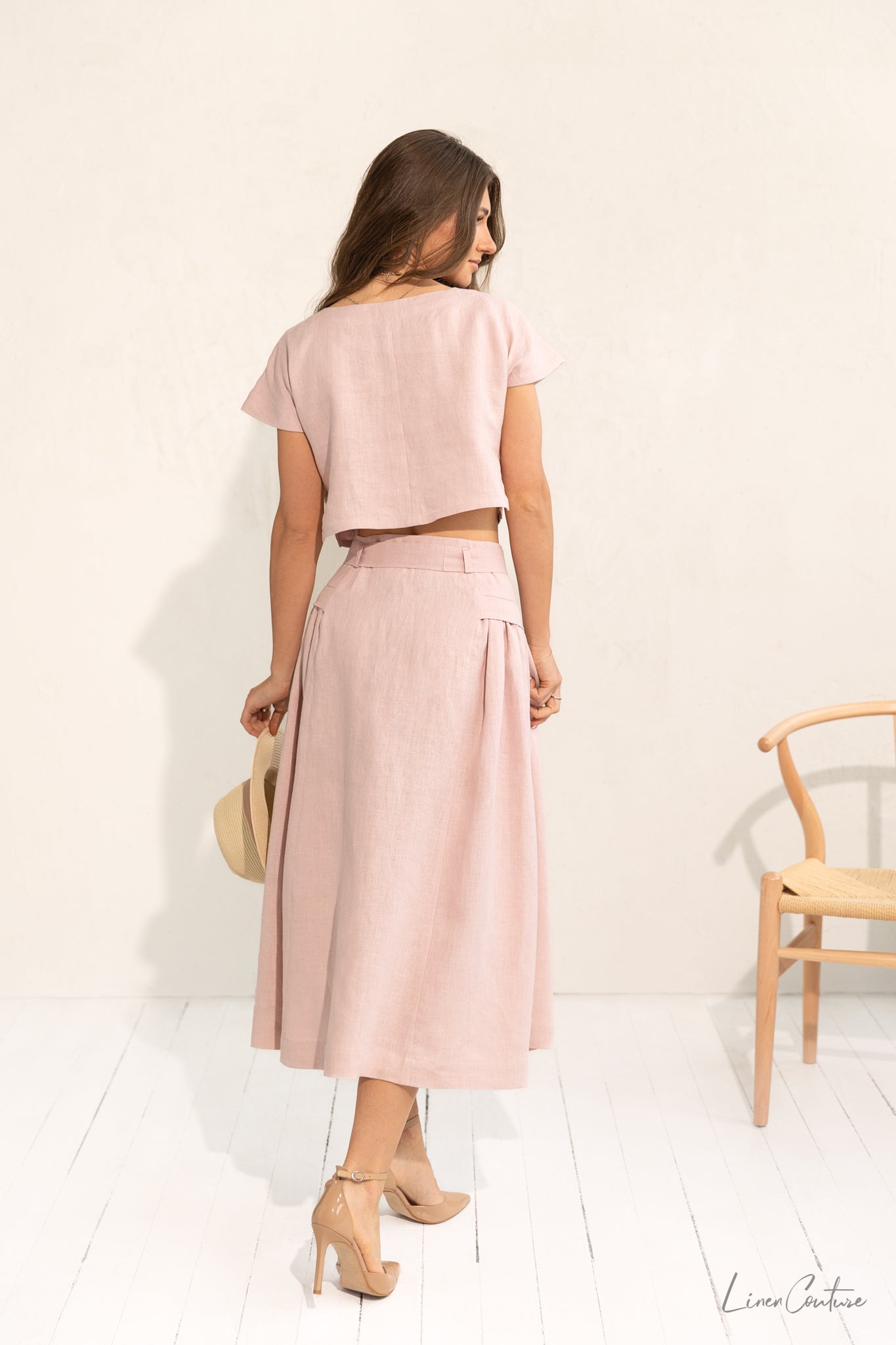 Taormina Pale Pink Linen Crop Top and Midi Skirt Set