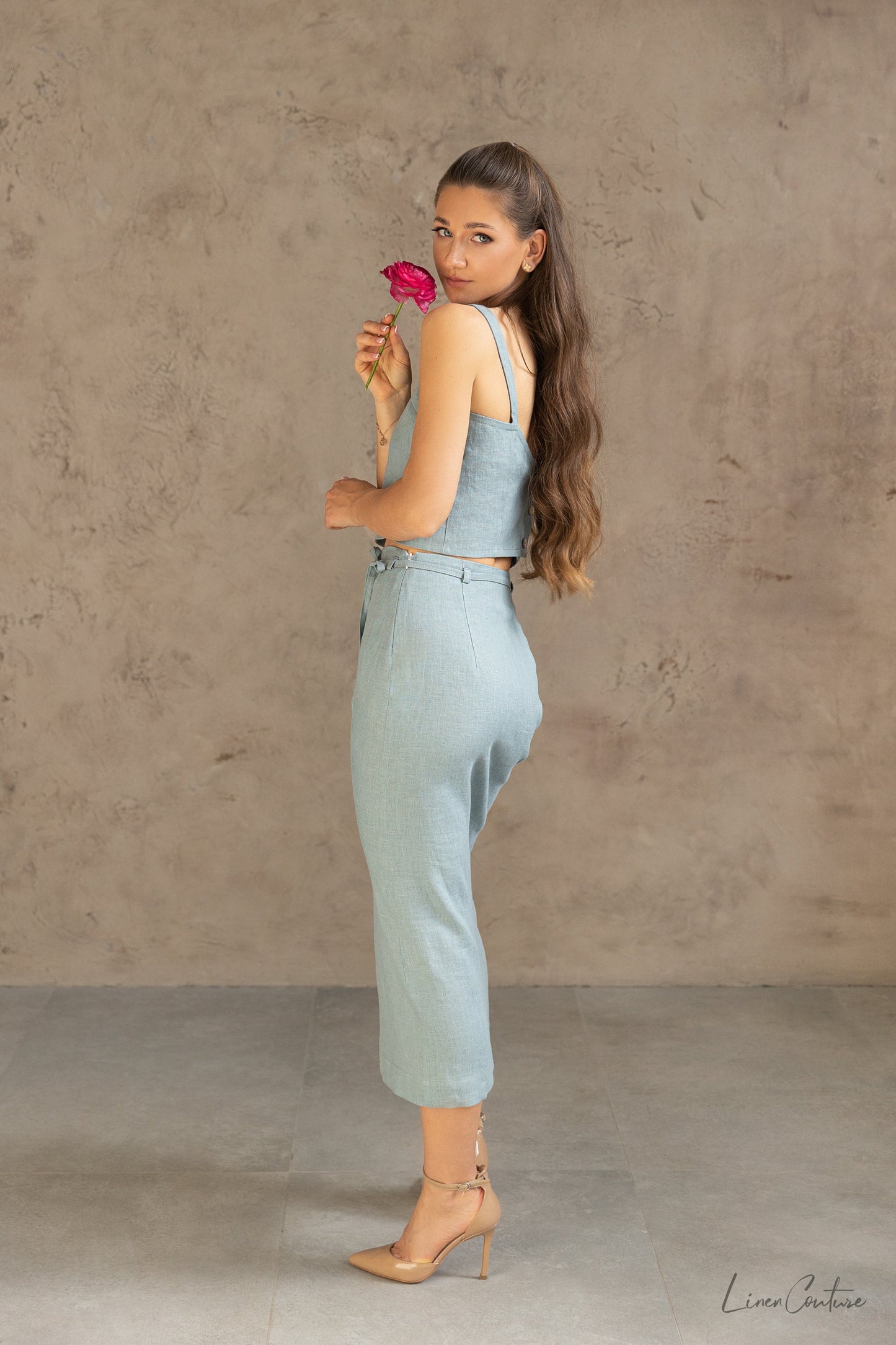 Bella Vita Sweetheart Top, Skirt and Set in Greyish Mint Linen