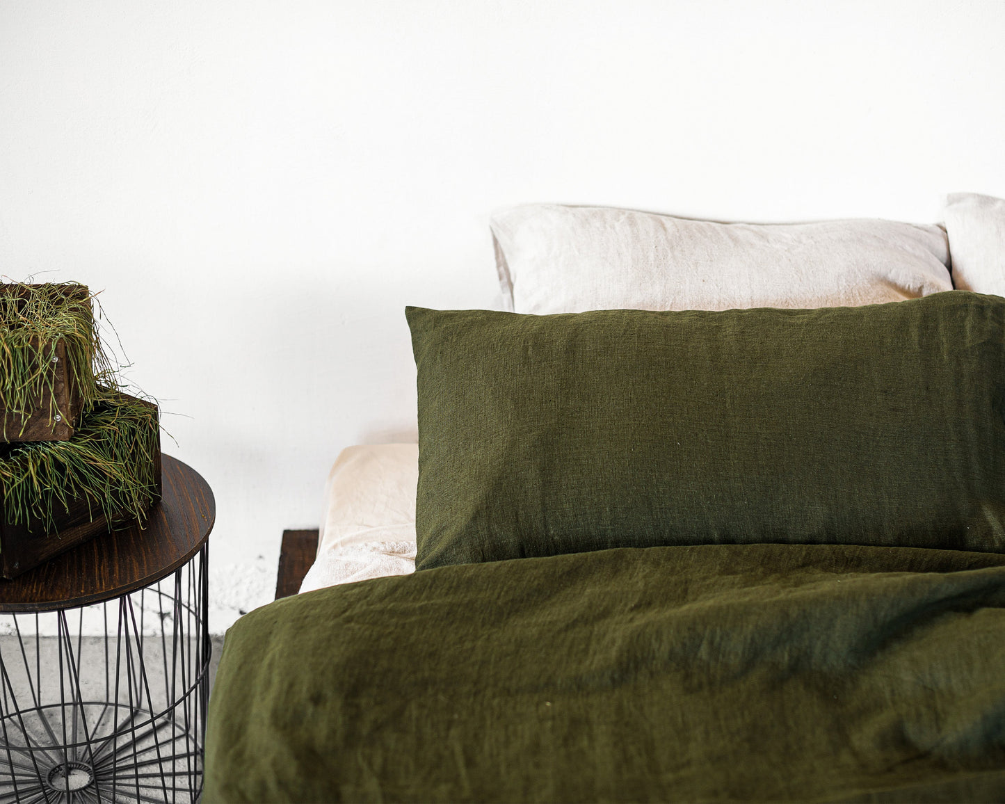 Moss Green Linen Bedding Set With Zipper