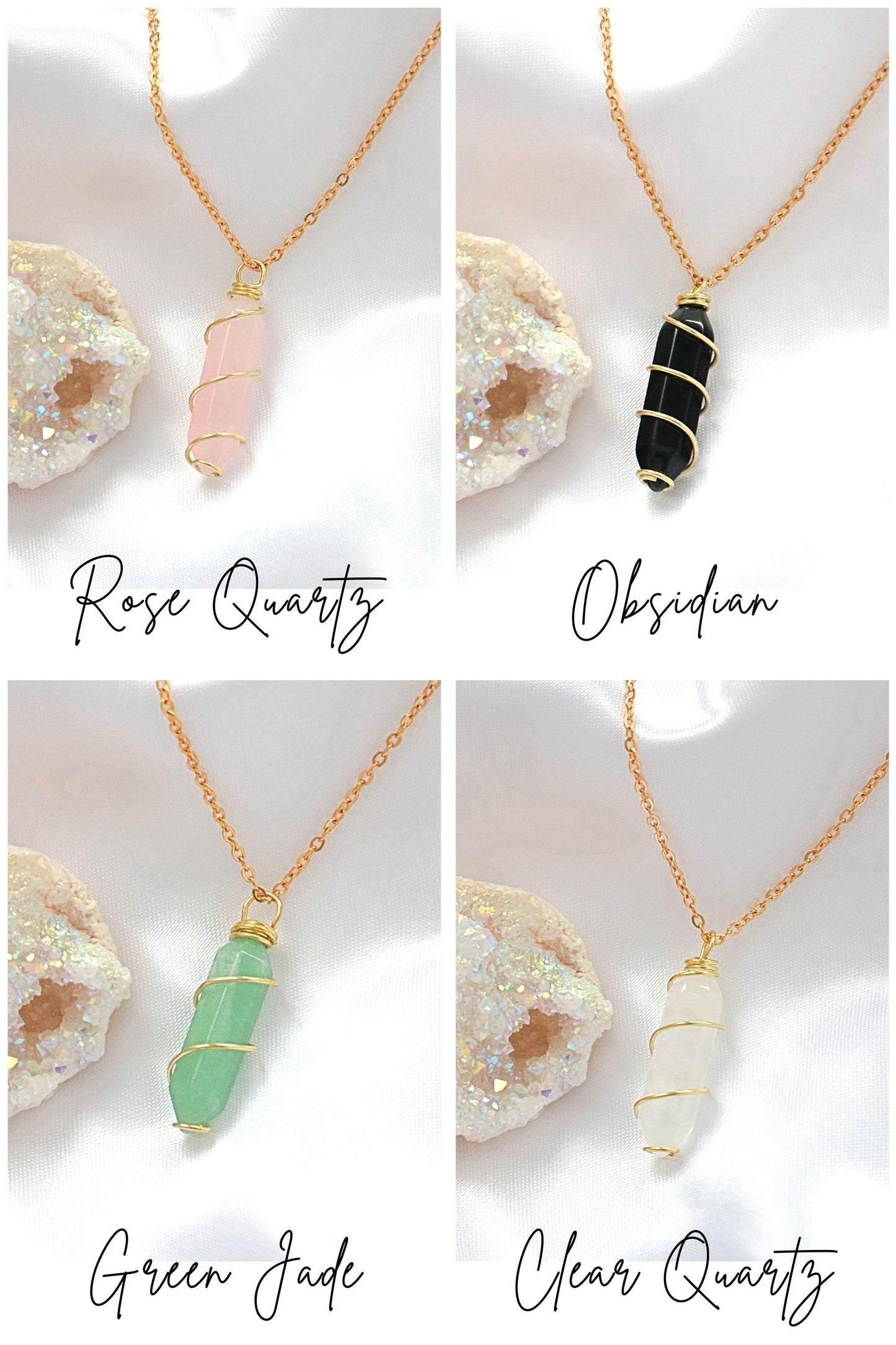 Double Ended Natural Healing Crystals With 18 k Hand Wired Necklace