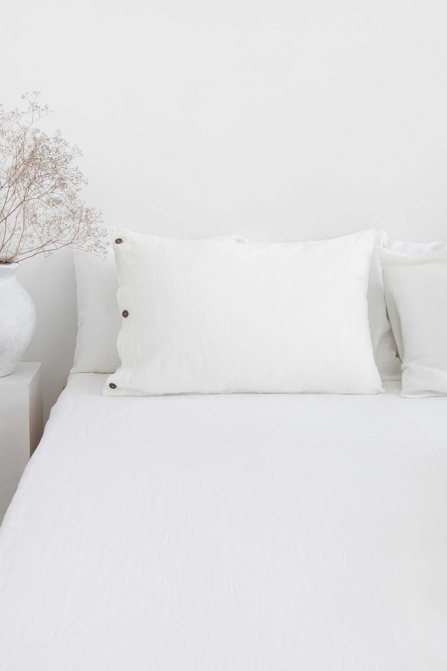 White Linen Pillowcase With Coconut Buttons