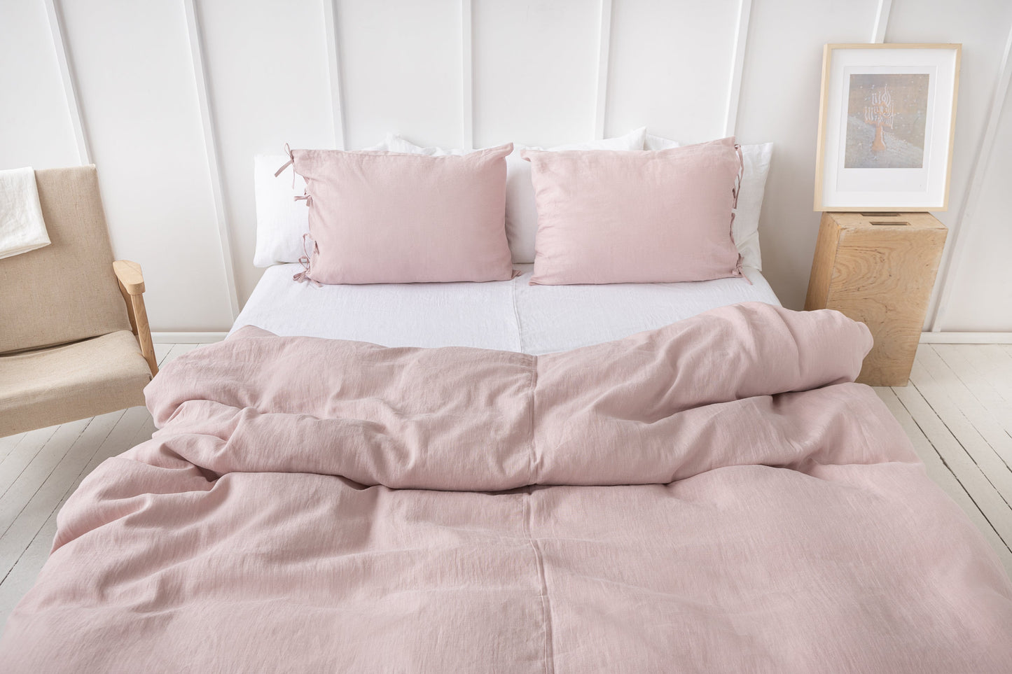 Pale Pink Linen Bedding Set With Ties