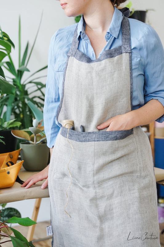 Reversible Double Cloth Linen Apron with Pockets