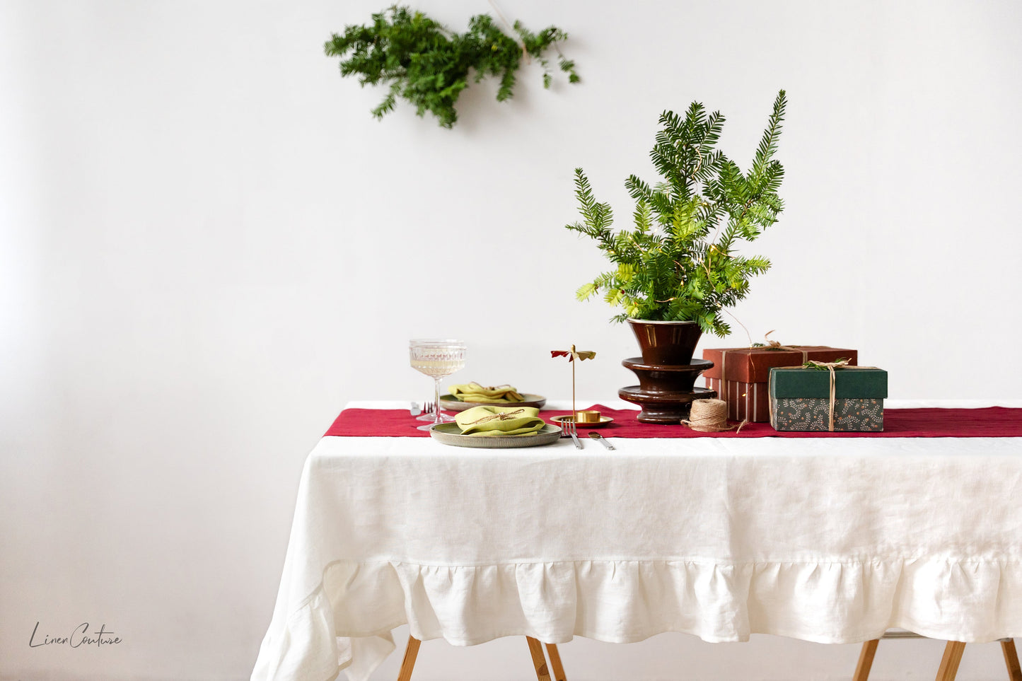 Natural Light Linen Tablecloth With Ruffles