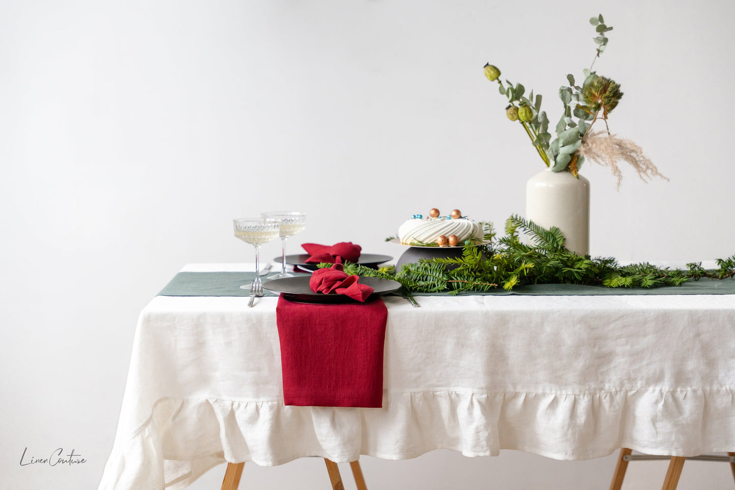 White Linen Tablecloth with Ruffles