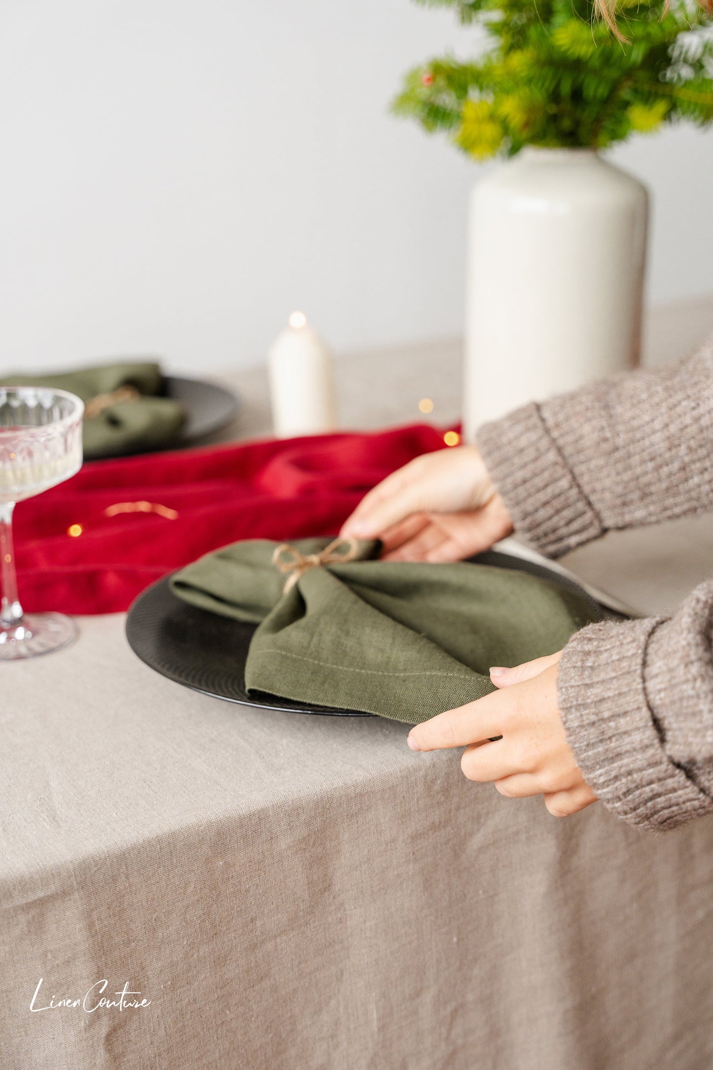 Handmade Natural Linen Christmas Tablecloth for Dining Tables