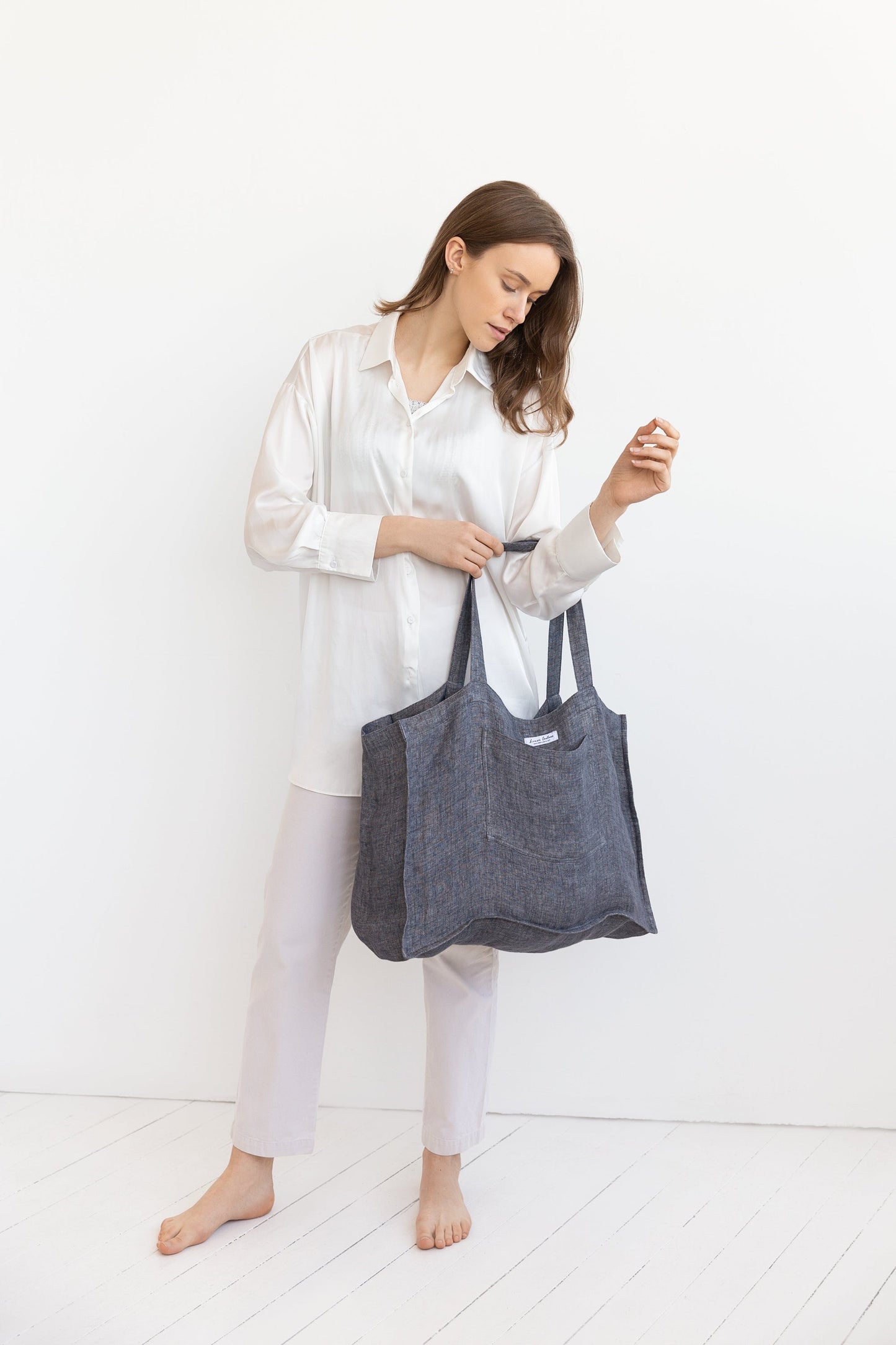 Double Cloth Linen Beach Bag With Pocket