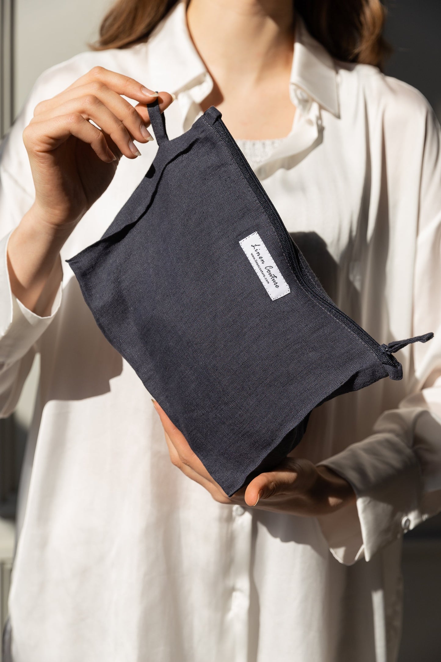 Large Linen Makeup Bag With Zipper