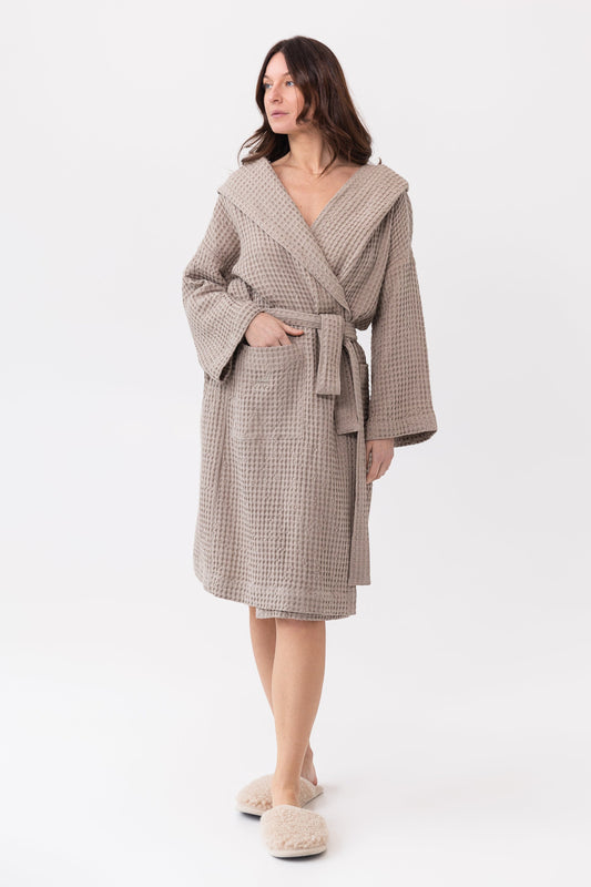 Linen Waffle Robe With Hoodie
