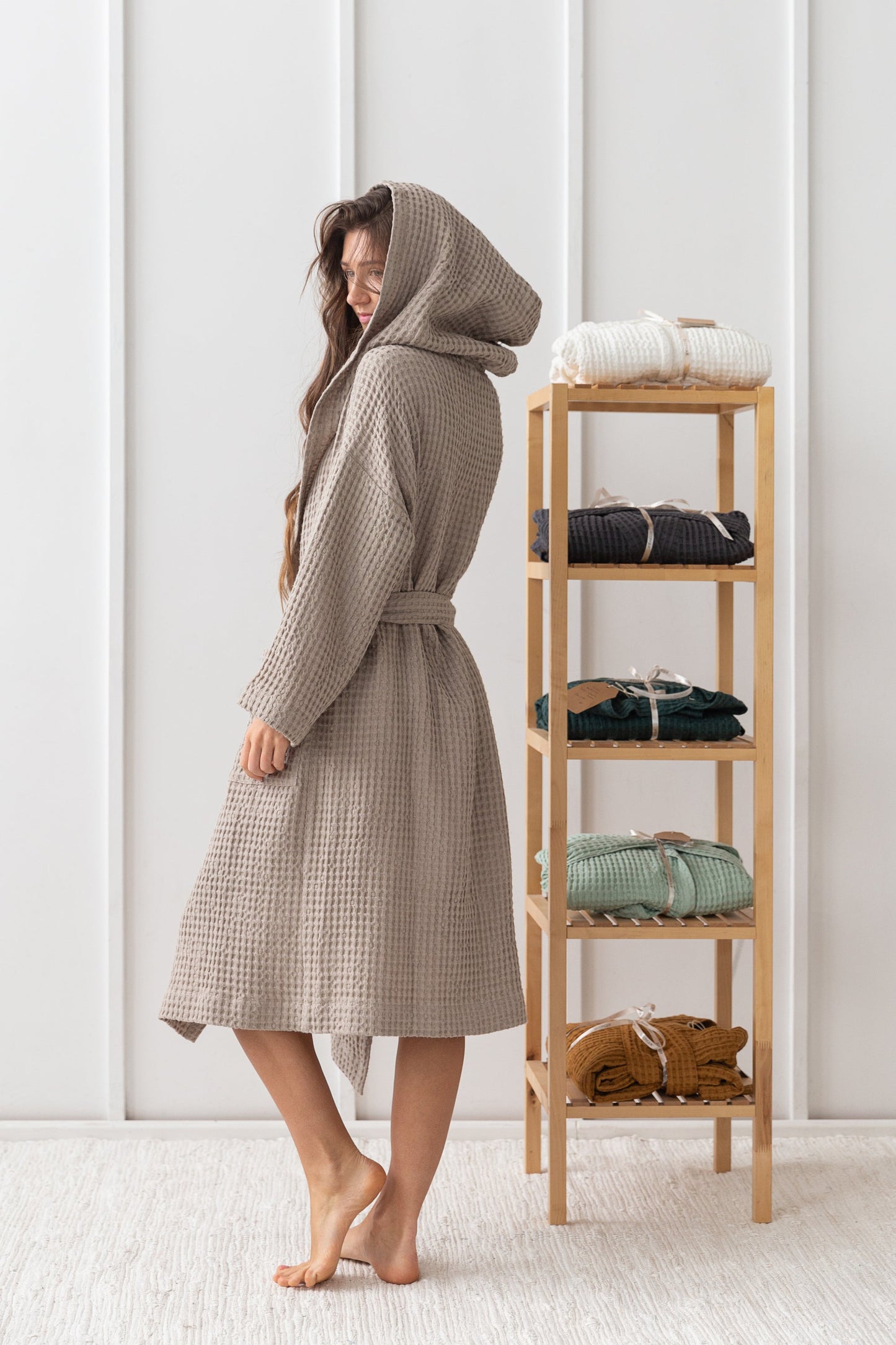 Linen Waffle Robe With Hoodie