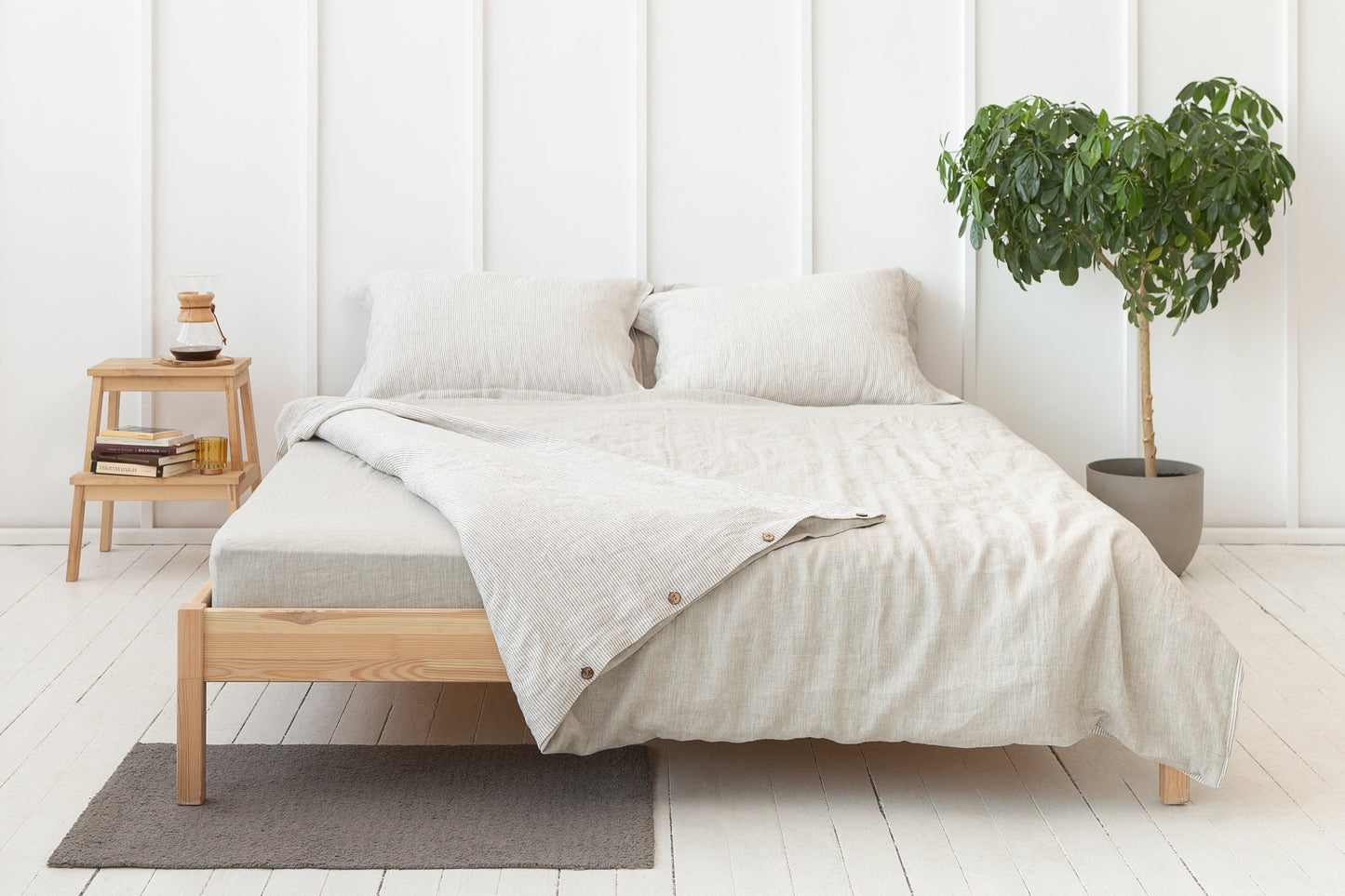 Natural Light and Striped Beige Double Sided Linen Bedding Set