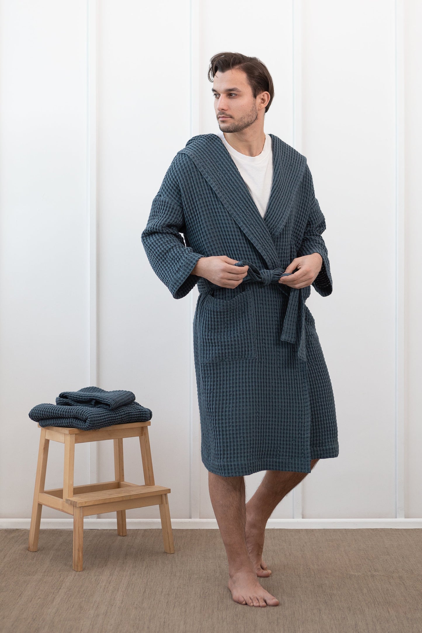 Linen Waffle Robe With Hoodie
