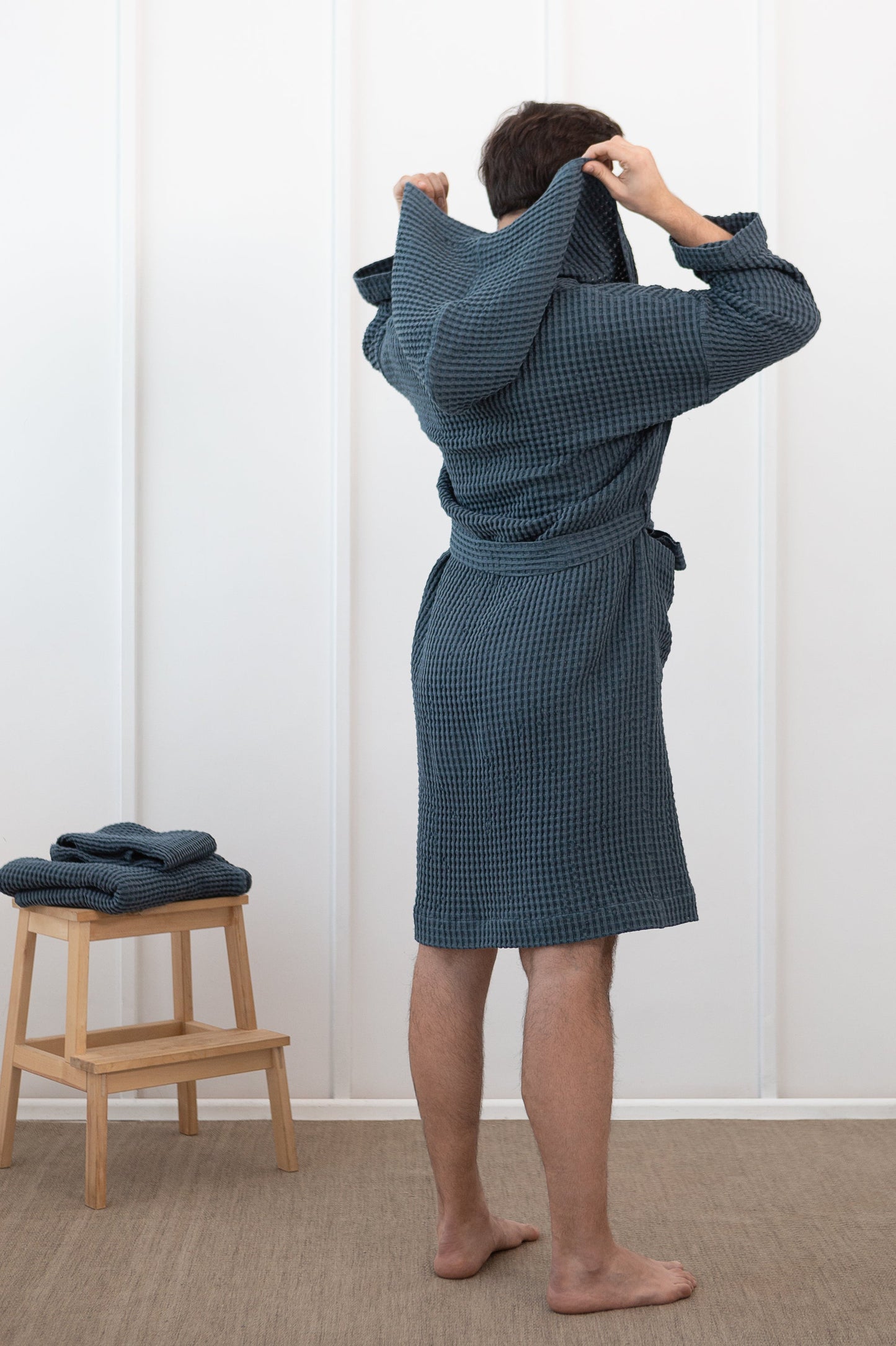 Linen Waffle Robe With Hoodie