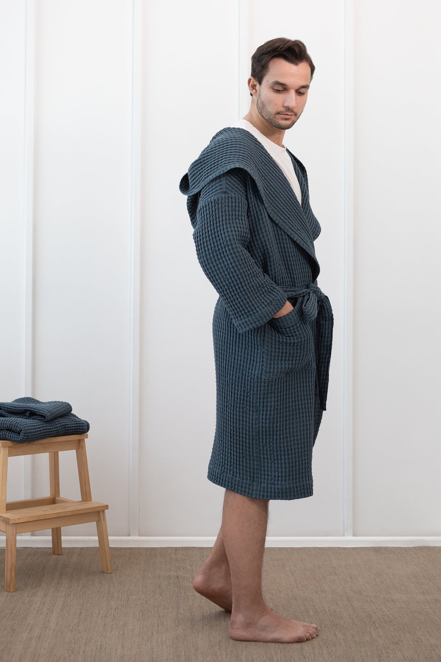 Linen Waffle Robe With Hoodie