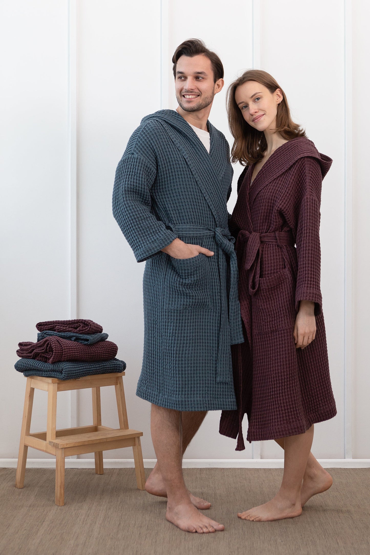 Linen Waffle Robe With Hoodie
