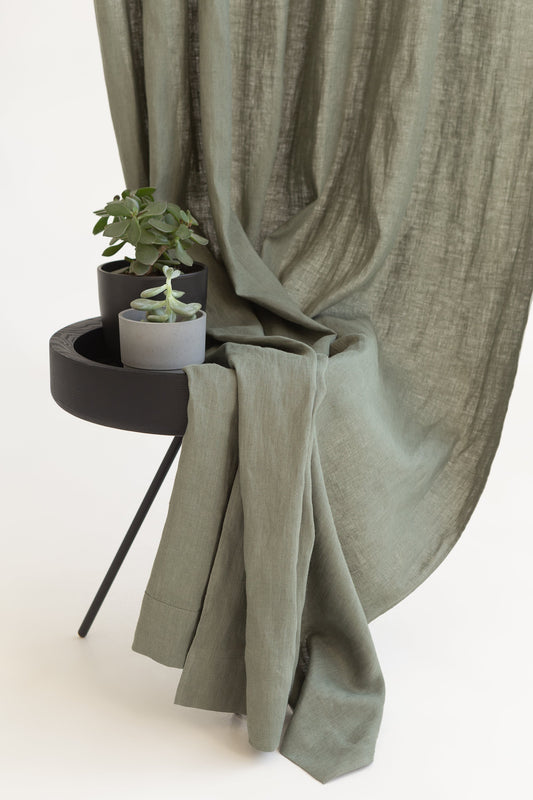 Safari Green Linen Curtain With Rod Pocket