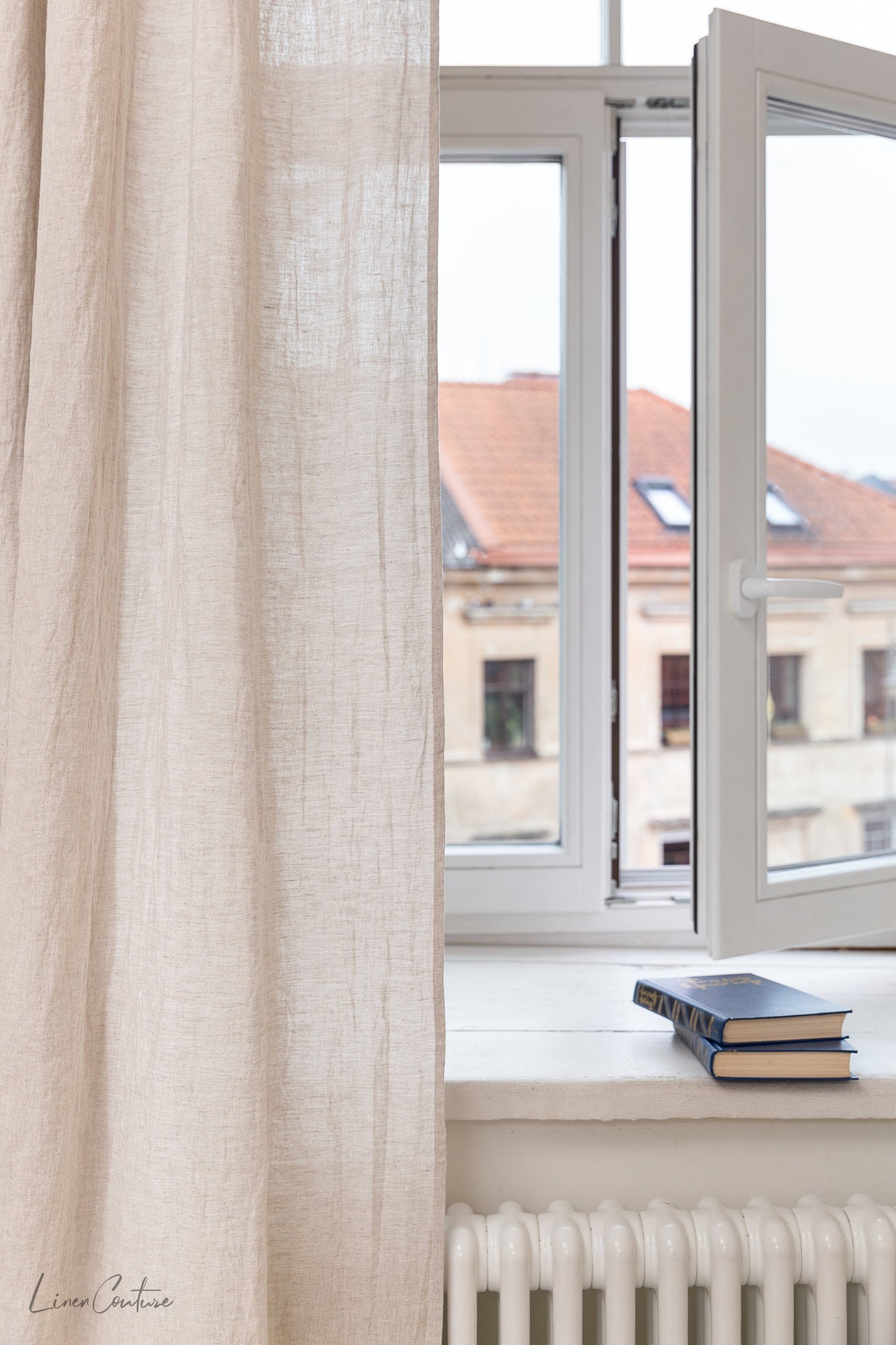 Extra Wide White Linen Curtain Panel with Tab Top
