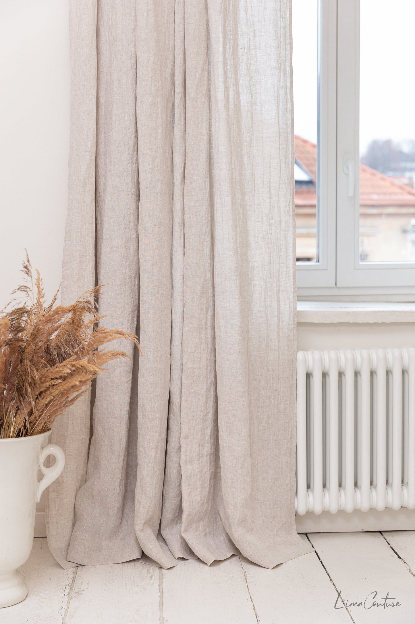 Extra Wide White Linen Curtain Panel with Tab Top