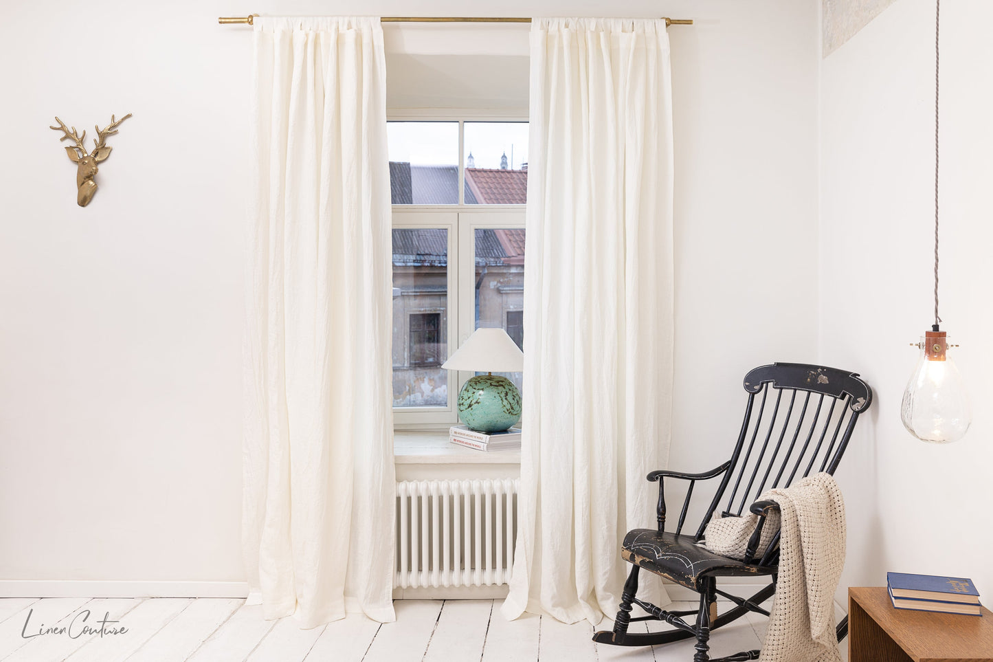 Extra Wide White Linen Curtain Panel with Tab Top