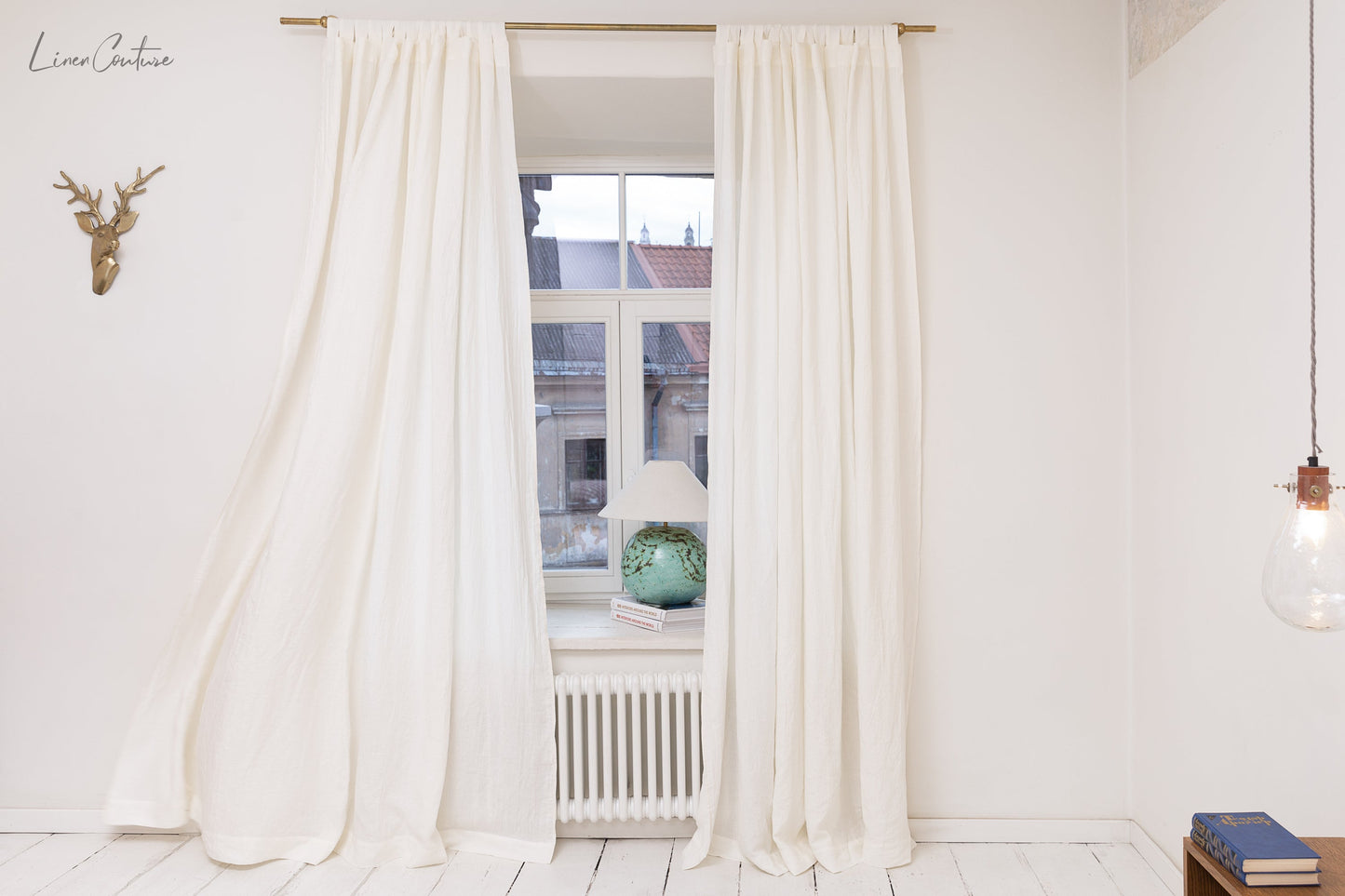 Extra Wide White Linen Curtain Panel with Tab Top