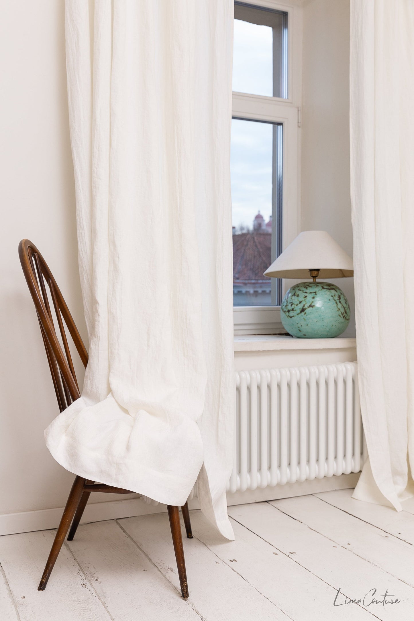 Extra Wide White Linen Curtain Panel with Tab Top