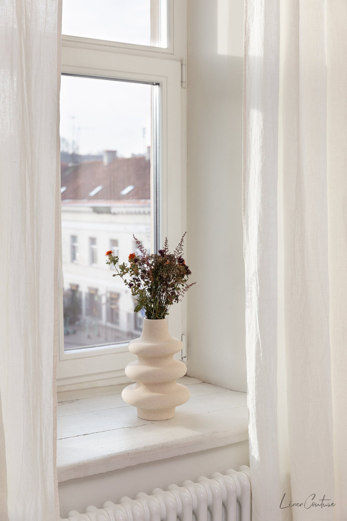 Extra Wide White Linen Curtain Panel with Tab Top