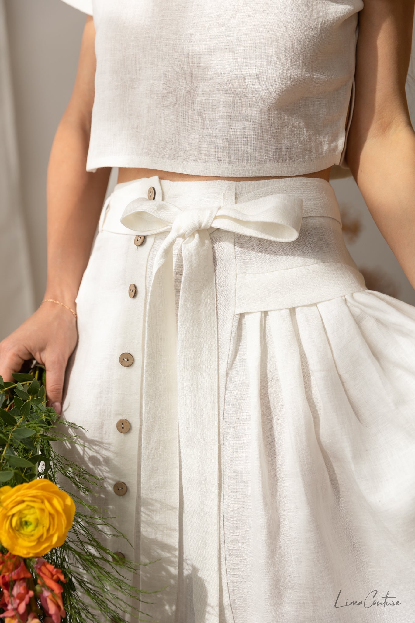 Taormina White Linen Crop Top and Midi Skirt Set
