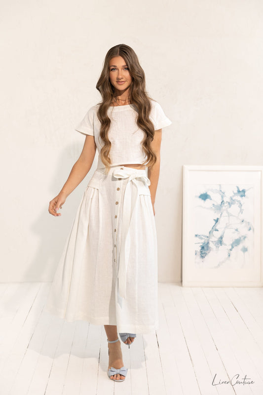 Taormina White Linen Crop Top and Midi Skirt Set