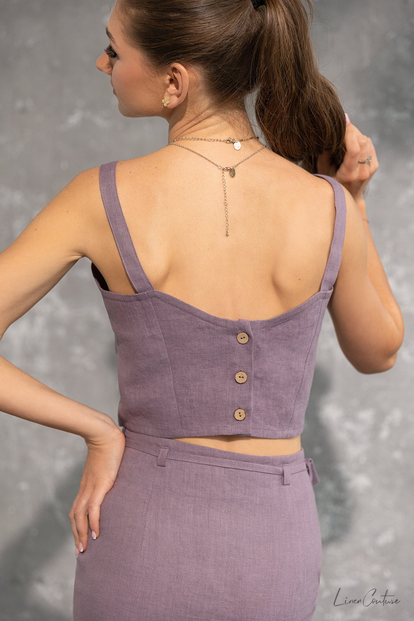 Bella Vita Sweetheart Top, Skirt and Set in Pastel Plum Linen