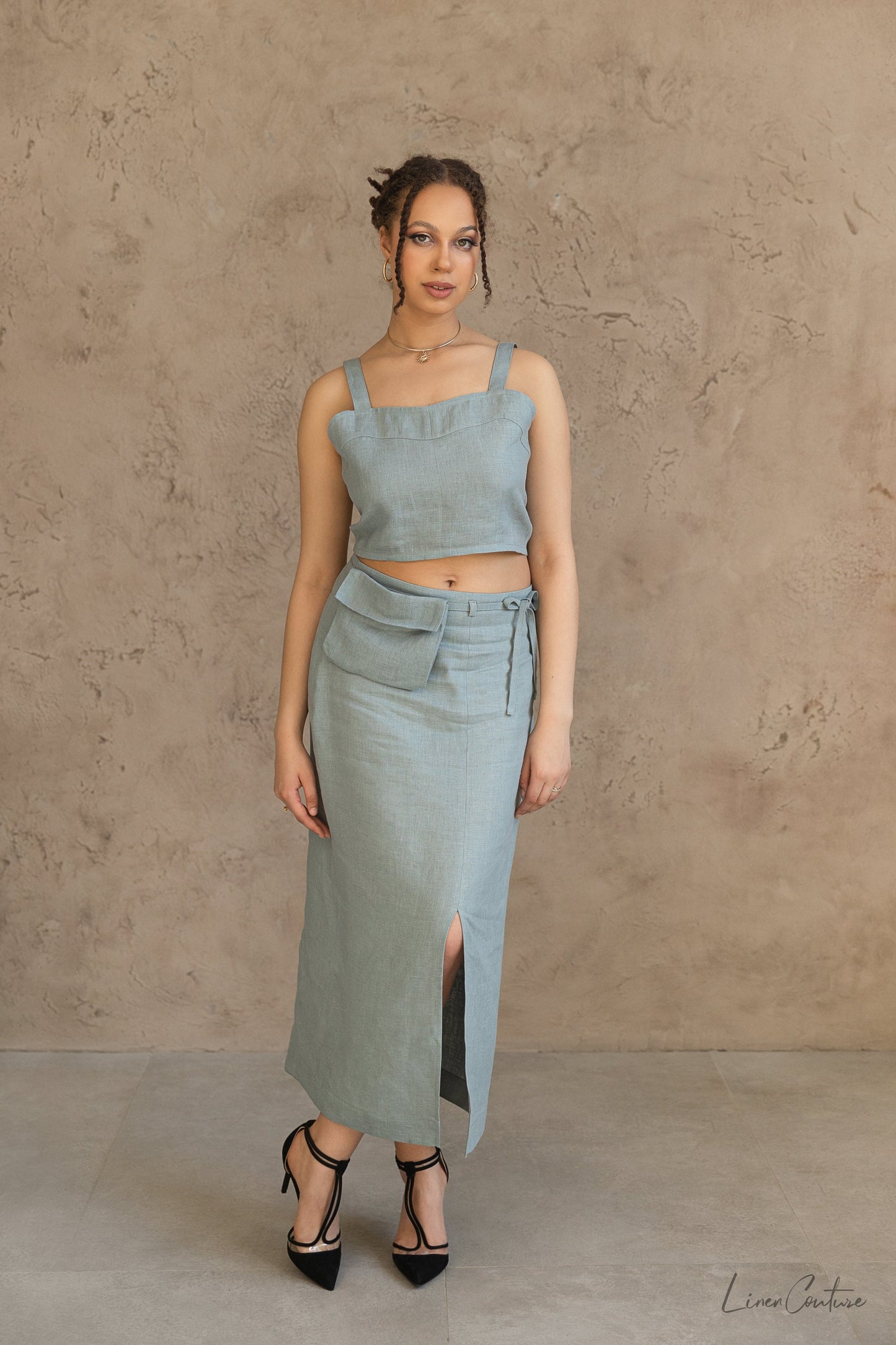 Bella Vita Sweetheart Top, Skirt and Set in Greyish Mint Linen