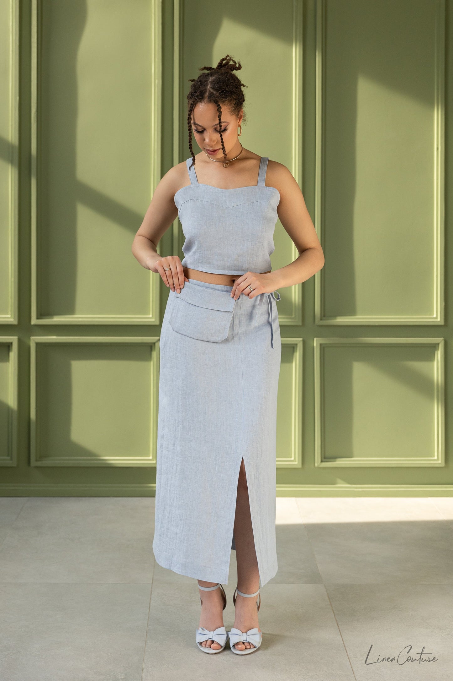 Bella Vita Sweetheart Top, Skirt and Set in Light Grey Linen