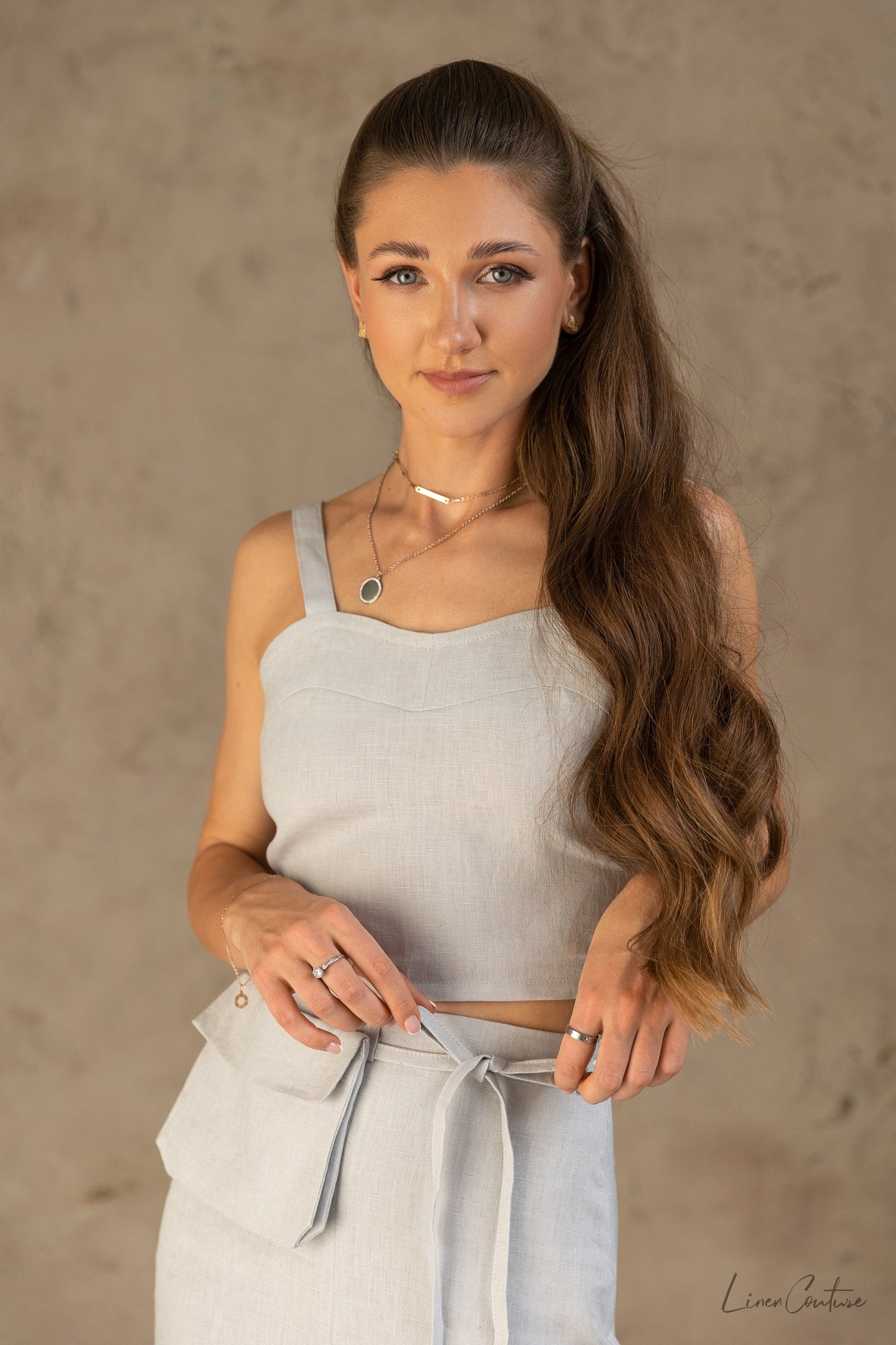 Bella Vita Sweetheart Top, Skirt and Set in Light Grey Linen