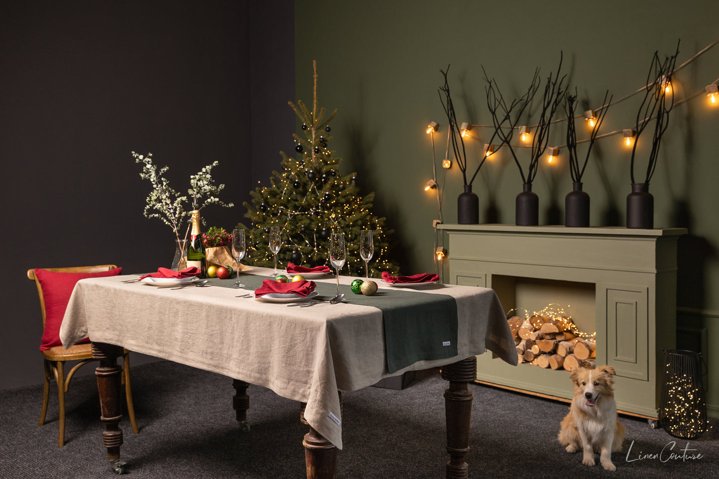Handmade Natural Linen Christmas Tablecloth for Dining Tables