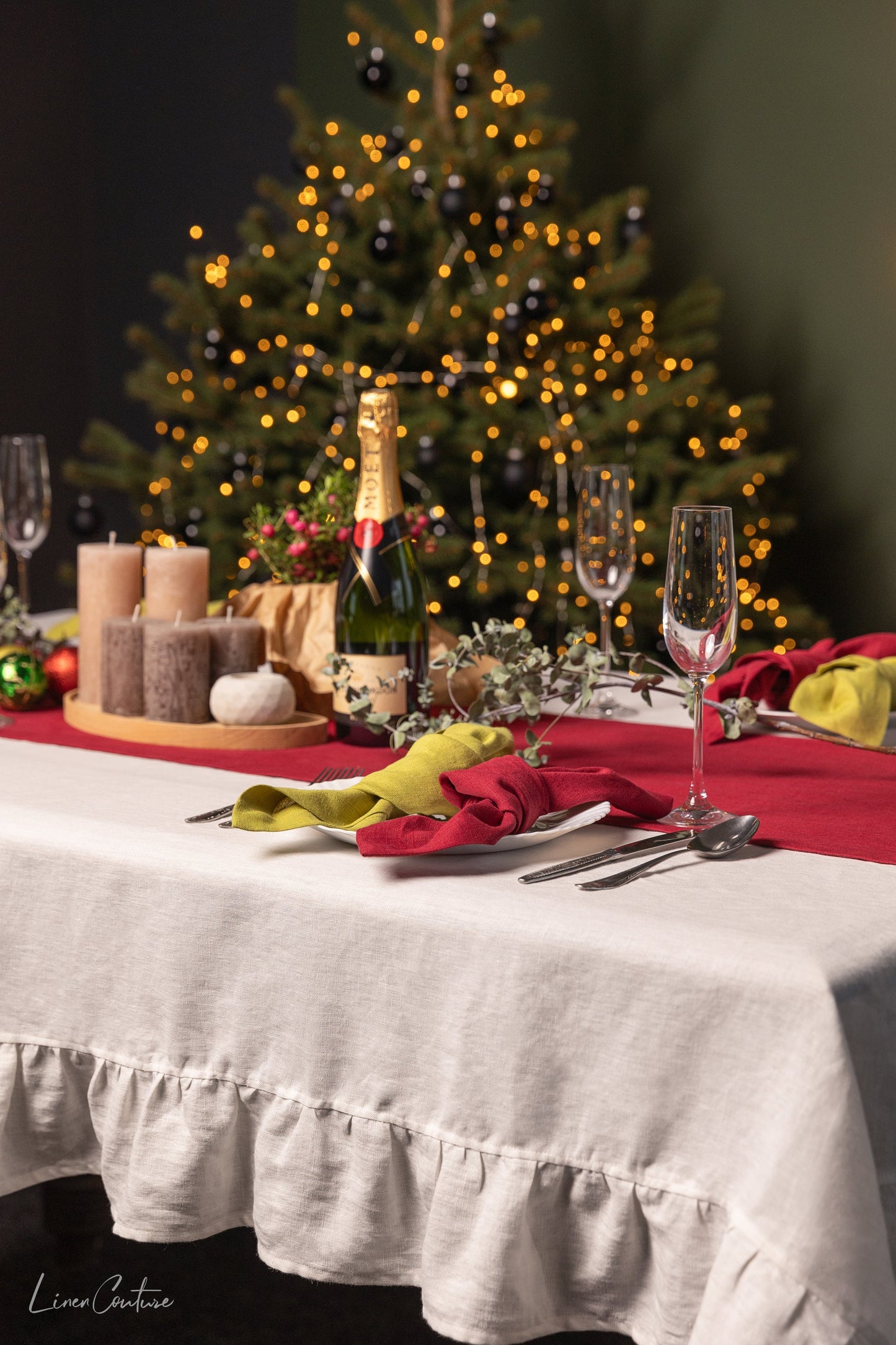 Natural Light Linen Tablecloth With Ruffles
