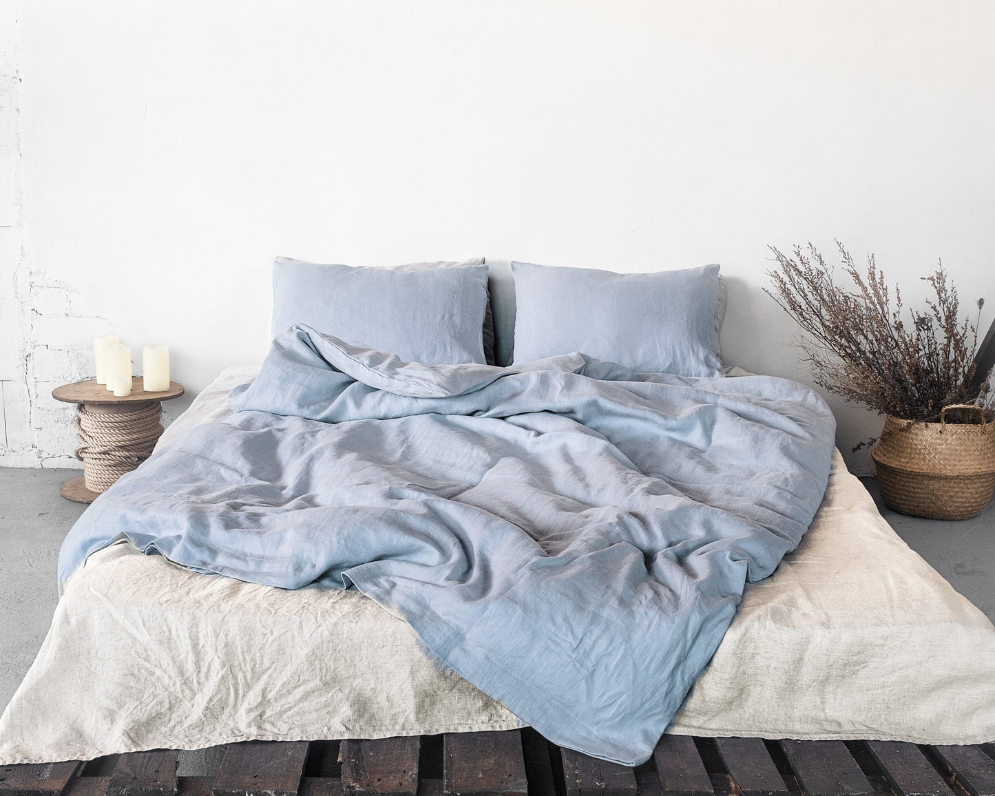 Ice Blue Linen Bedding Set With Zipper