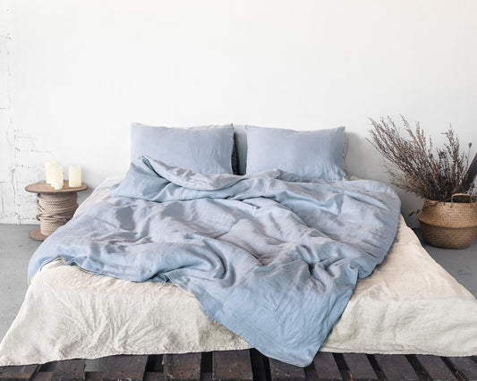 Ice Blue Linen Bedding Set With Zipper