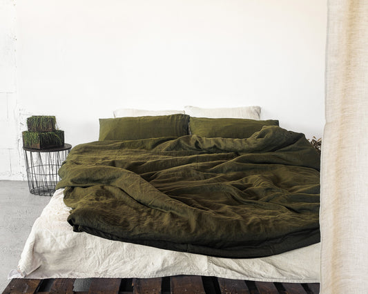 Moss Green Linen Bedding Set With Zipper