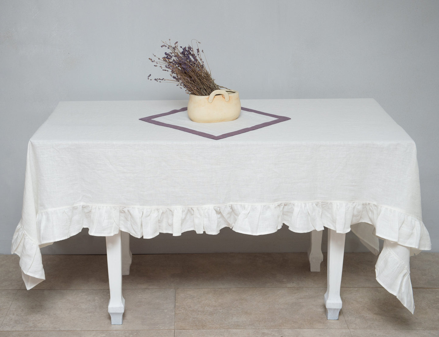 White Linen Tablecloth with Ruffles