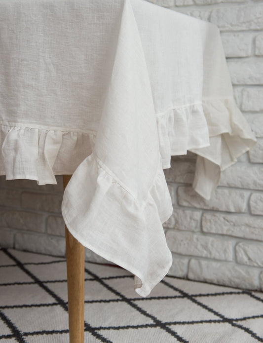 White Linen Tablecloth with Ruffles