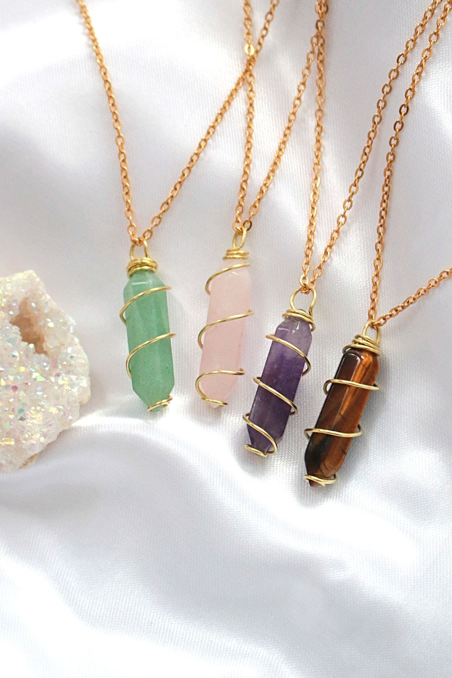 Double Ended Natural Healing Crystals With 18 k Hand Wired Necklace