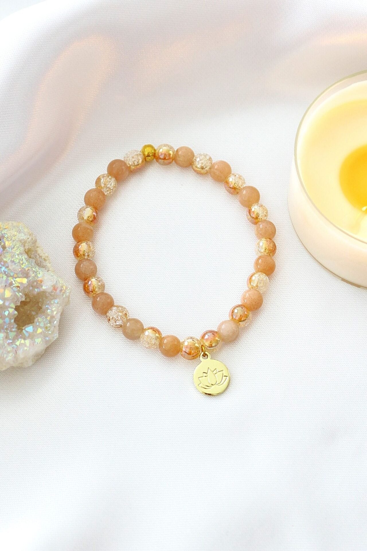 Sunstone Elastic Bracelet With Lotus Flower Charm