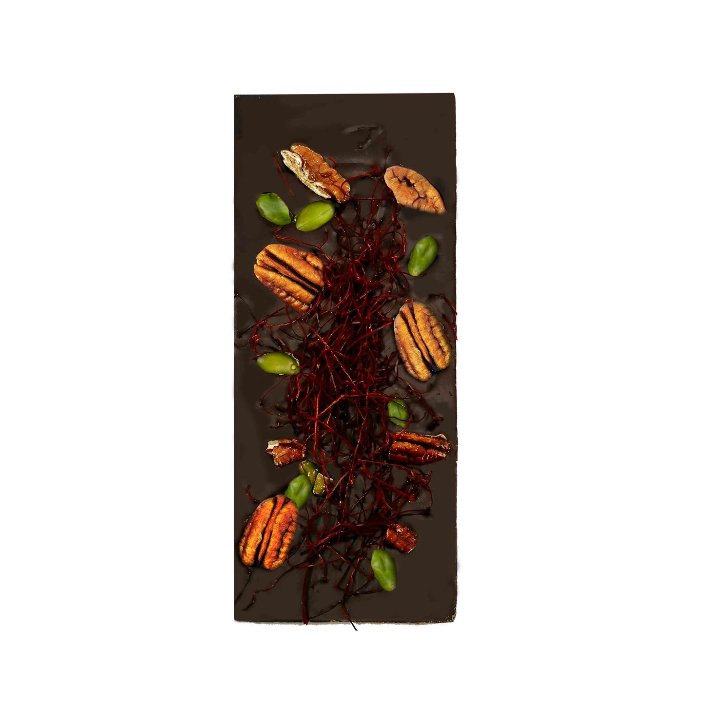 Gourmet dark chocolate with pecan nut, chili threads and pistachios