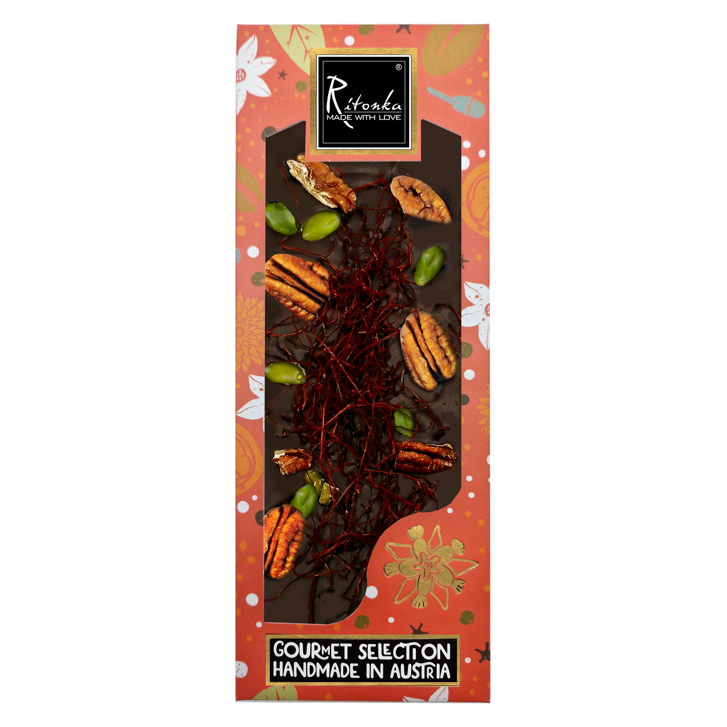 Gourmet dark chocolate with pecan nut, chili threads and pistachios