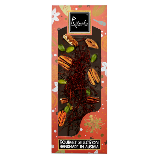 Gourmet dark chocolate with pecan nut, chili threads and pistachios